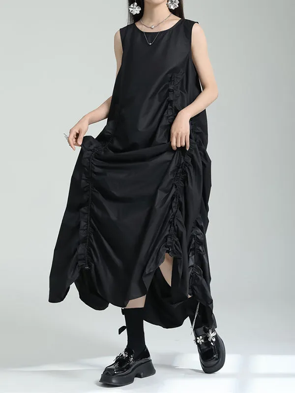 xakxx Irregular Clipping Loose Solid Color Round-Neck Midi Dresses