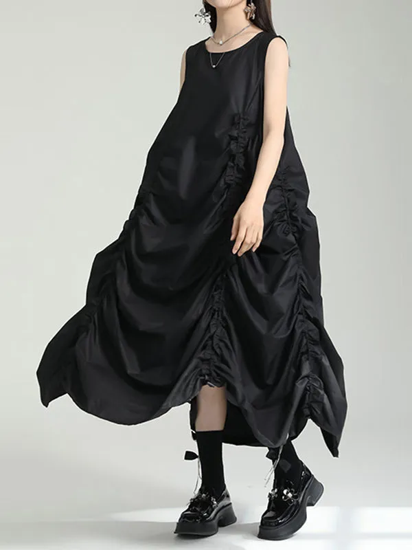 xakxx Irregular Clipping Loose Solid Color Round-Neck Midi Dresses