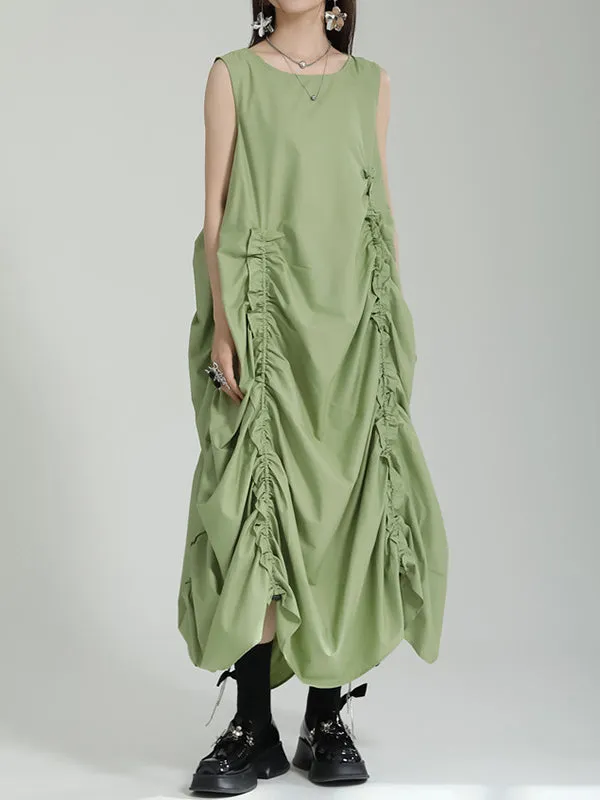 xakxx Irregular Clipping Loose Solid Color Round-Neck Midi Dresses
