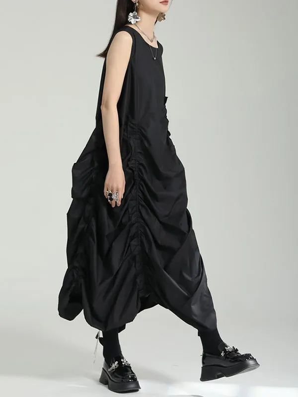 xakxx Irregular Clipping Loose Solid Color Round-Neck Midi Dresses