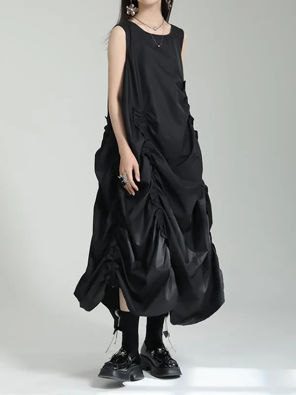 xakxx Irregular Clipping Loose Solid Color Round-Neck Midi Dresses