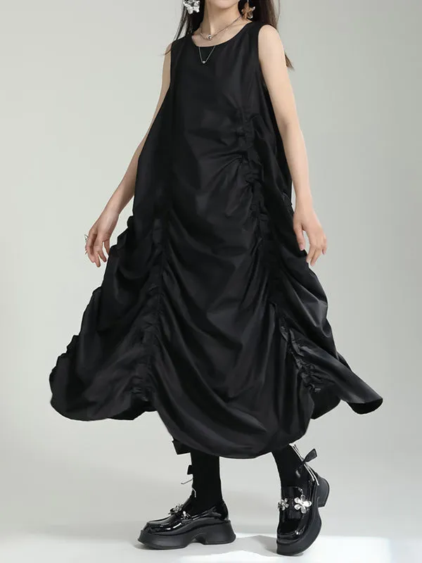 xakxx Irregular Clipping Loose Solid Color Round-Neck Midi Dresses