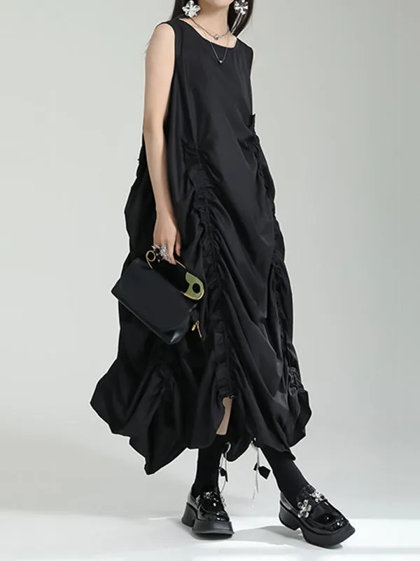 xakxx Irregular Clipping Loose Solid Color Round-Neck Midi Dresses