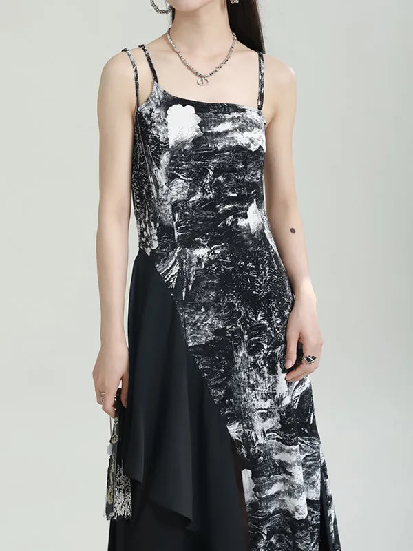 xakxx Loose Sleeveless Asymmetric Printed Split-Joint Spaghetti-Neck Midi Dresses Slip Dress