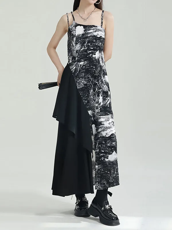 xakxx Loose Sleeveless Asymmetric Printed Split-Joint Spaghetti-Neck Midi Dresses Slip Dress
